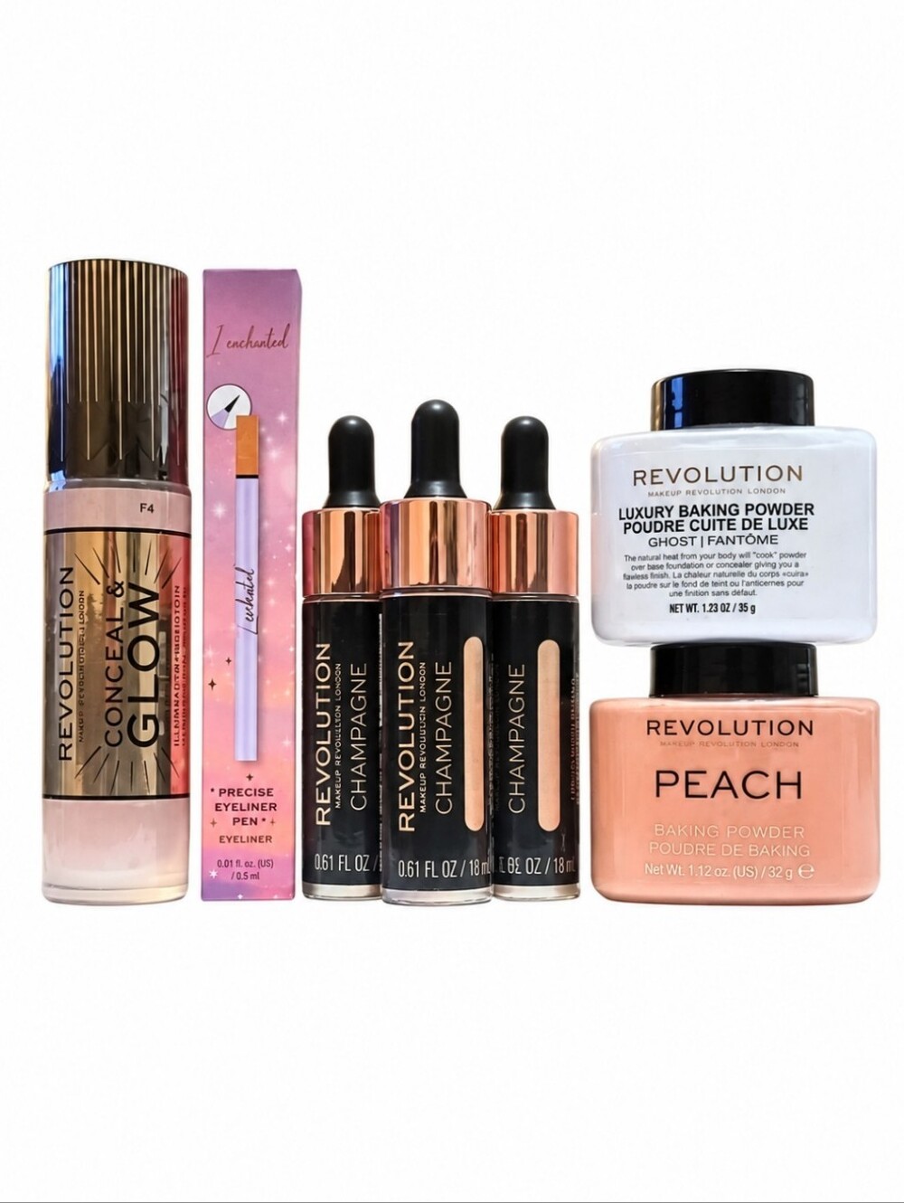 Revolution Makeup Bundle Conceal & Glow F4 + 3 Champagne Highlighters + 2 Powder